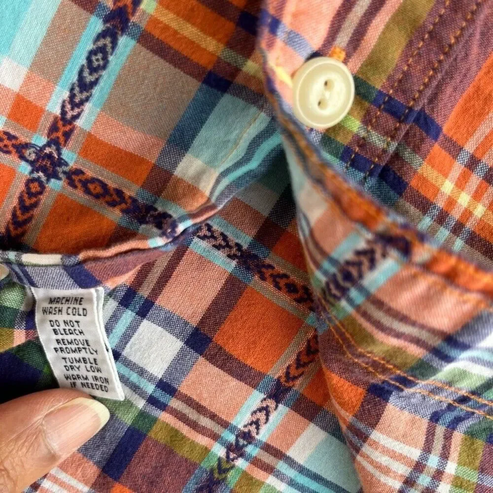 Ralph Lauren Shirt Mens Large Orange Blue Madras Plaid Long Sleeve Casual Pocket